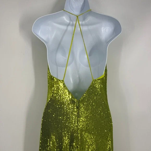 Halston Neon Kiara Green Sequin Deep V-Neck Slip Gown Floor Length Dress Size 10 - Picture 12 of 16